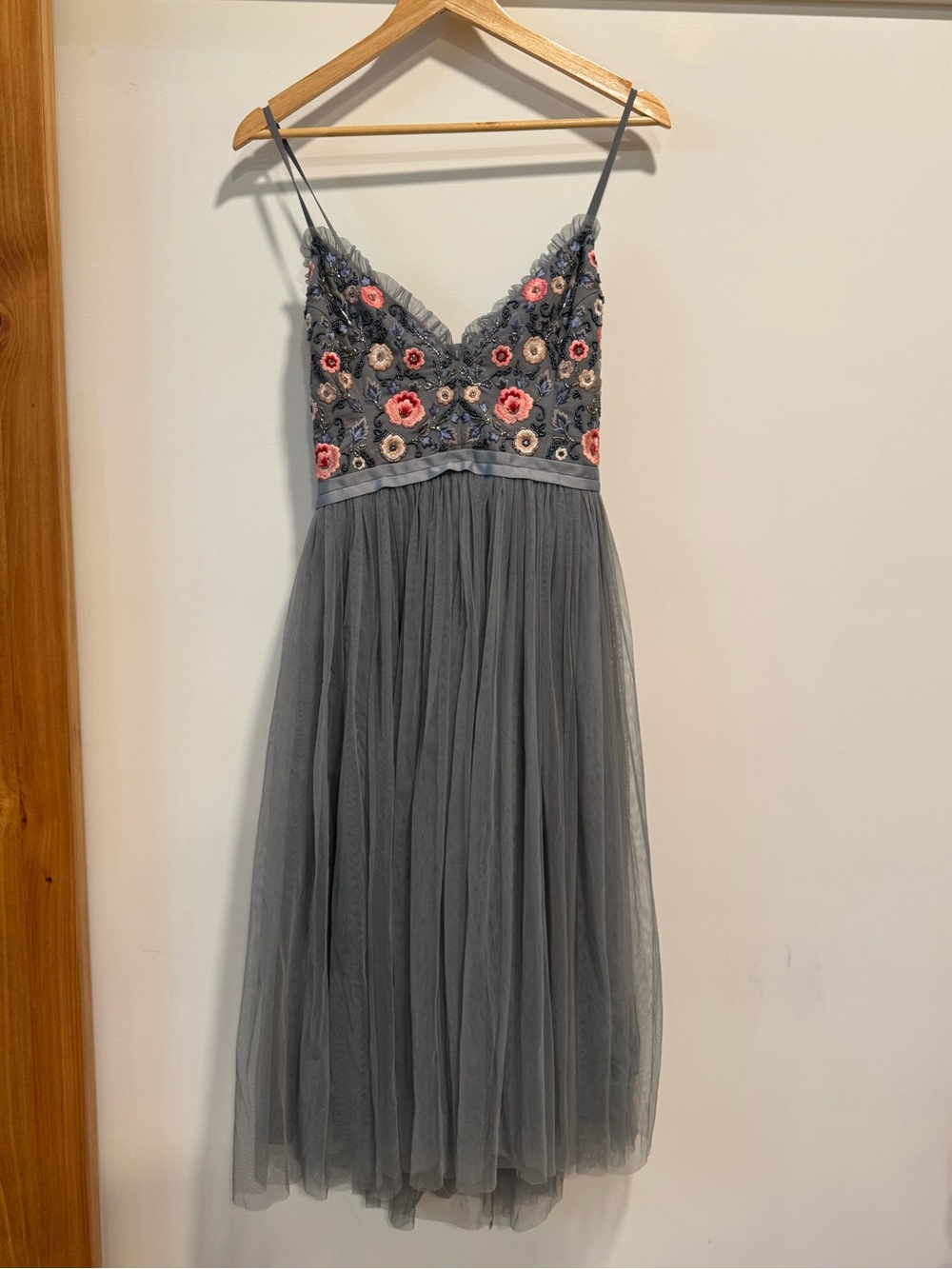 Needle & Thread blue Tulle Midi Dress with Pink Floral Embroidery